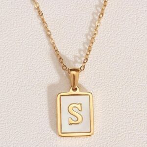 S Letter Initial Pearl Shell Pendant Necklace 18K Gold Plated Stainless Steel